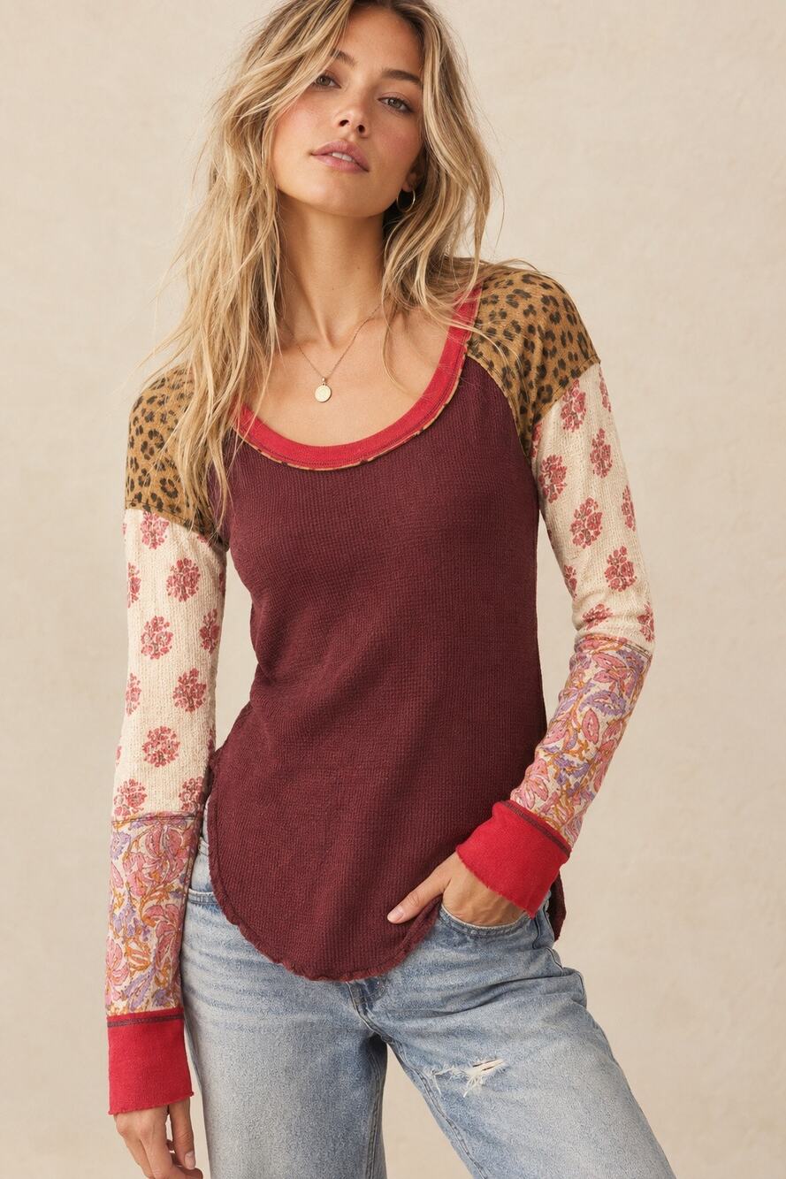 Free People Bright Side Thermal XS Vino Patchwork Leopard Floral Boho Waffle Top